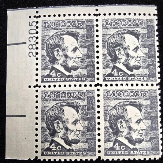 Plate Block of 4 stamps - Scott 1282 - 4 cent - Abraham Lincoln - 1965 - MNH